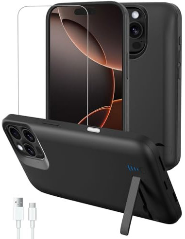 Gladgogo Akkuhülle für iPhone 16 Pro Max, 8500mAh Akku Hülle mit Ständer,Wiederaufladbar Batterie Ladehülle Akku mit Schutzfolie,Tragbares Batterieladegerät Hülle Leistungsstarke Power Bank, Schwarz