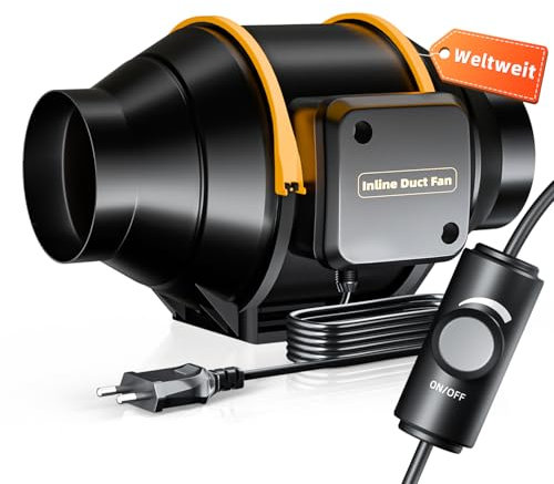 QiCrafe Rohrventilator 100mm Regelbar, 360m³/h Abluftventilator mit 3 m VDE Netzkabel, Rohrlüfter Leise EC Motor mit Überhitzungsschutz, IP44 Rauchabzug Inline Lüfter, WC Gewächshaus Garage