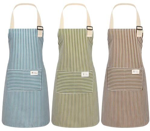 ViEinkaufen 3 Pack Unisex Adjustable Bib Aprons with Pockets,Kitchen Cooking Chef Aprons Stripe Design for Home Kitchen Baking BBQ Gardening Cleaning Restaurant Coffee House