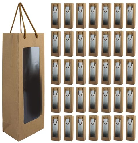 CYEER 36 PCS Kraft Paper Wine Bottle Bag, Brown Wine Bottle Gift Bag with Window, Reusable Sturdy Champagne Storage Bag with Handle for Festivals, Parties, Wedding and Retail, 12.5x8.5x36CM