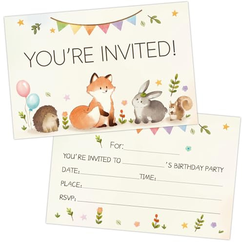HOMANGA Woodland Animal Birthday Invitations, 20 Pcs Kids Party Invites for Boys Girls, Watercolour Animal-Themed Invitation Cards with Envelopes, Forest Birthday Party Supplies - 10x15 cm