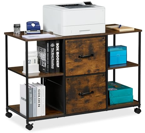 Relaxdays Mueble Impresora, con Ruedas, 2 Cajones, 4 estantes, Archivador Colgante, 67 x 100 x 40 cm, Marrón y Negro