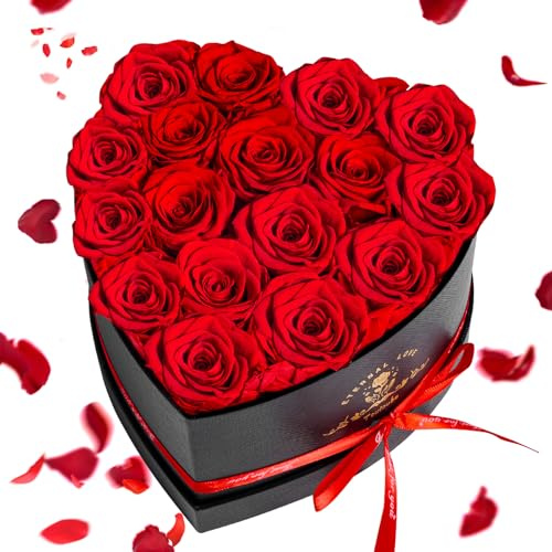 17 Pezzi Regalo di Festa della Mamma per Donne con Rose Stabilizzata Vera - Fiori Eterni in Scatola Cuore, Ideale​ per Lei Fidanzata Mamma, Fiori Stabilizzati, Regalo Compleanno, Romantico, Donna