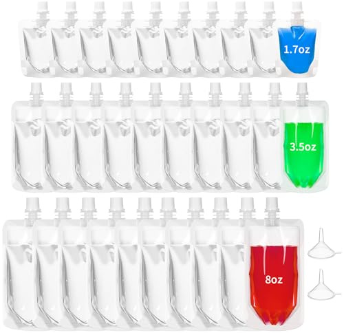 Seeloowy 100 Pcs Plastic Pouches Bulk Clear Juice Bags Squeeze Pouches Plastic Leak Proof Bags with Funnel for Party Favors (1.7 oz/3.5 oz/8oz)