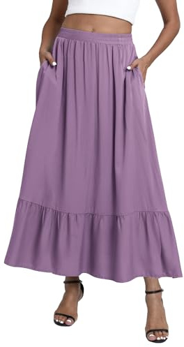 EXCHIC Mujer Casual Boho Volantes Elástica Cintura A-Line Maxi Falda Volantes Swing Playa Larga Falda con Bolsillos (S, Violeta)