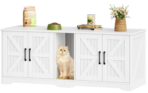 Fobyfurny Mobile Lettiera per Gatti per 2 Gatti, Bianco | Mobiletto per Lettiera Nascosta, 140x50x55cm, Cuccia per Gatto da Interno, Legno Tavolino Laterale con Tappetino Graffiante