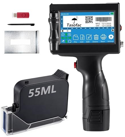 Imprimante à Jet d'Encre Portable, 【avec 55ML Cartouche】, Séchage Ultra-Rapide (<1s sur Carton), 16H Autonomie, 1-4 Lignes, Hauteur 2-25.4mm, 600DPI 360° Impression QR/Code-Barres, Date, Texte, Logo