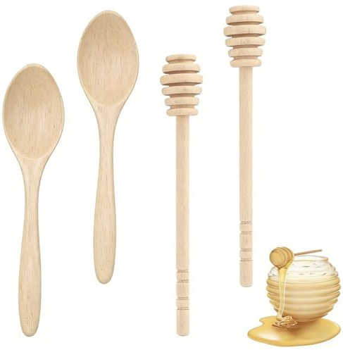 AEKZOX 4 piezas, cucharas de miel de madera, agitadores de miel en espiral, palitos de miel para levantar y dosificar miel, dispensador de miel, honey sticks (Marrón(2+2))