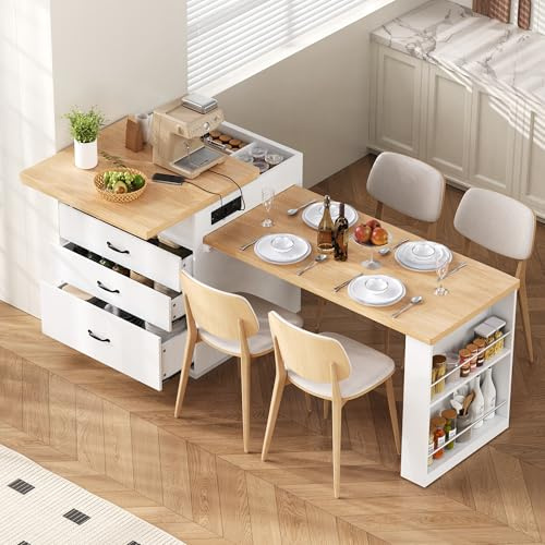 ZKLOEP Isola Della Cucina Con Ruote E Illuminazione A LED, Tavolo Da Pranzo Allungabile Con Ciabatte, Funge Da Credenza E Tavolo Da Bar Per Cucina E Sala Da Pranzo (Bianco Con Led)