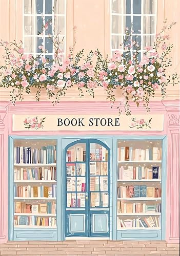 Pintura de diamantes de la librería rosa, Diamond Painting Adultos Kit Pintura Diamantes 5D Redondo, Cuadro Diamantes con Flores y Librería, para Decoración Hogar Oficina, Cuadros Diamantes 30x40cm