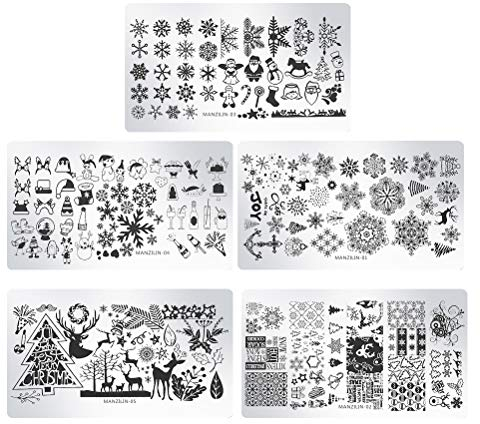 Lurrose Nagelschablonen für Weihnachten, Schneeflocken, Hirsch, Edelstahl, 5 Stück