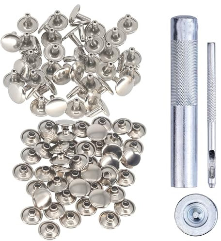 Trimming Shop 100 Set Double Cap Tubular Rivets with Fixing Tool Kit, Leather Rivets with 3 Pieces Hand Tool Set for Repair Clothing, Handbag, Lathercrafts (5mm, Silver)