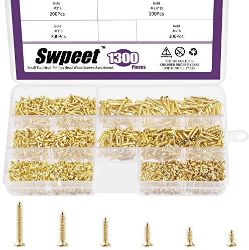 Swpeet Lot de 1295 petites vis à bois, 5 mm, 6 mm, 8 mm, 10 mm, 12 mm, 16 mm - Vis auto-foreuses à tête cruciforme plate - Vis autotaraudeuses - Vis à métal - Pour meubles - Dorées