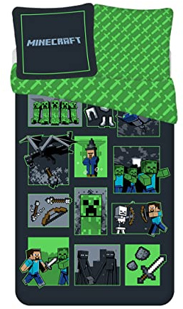 Minecraft Survival Mode, 100% bomull, påslakan 140 x 200 cm + örngott 65 x 65 cm | Vändbart sängset | Naturlig bomull andningsbar | Officiell Pokémon licens | 4-12 | Present | Maskintvättbar