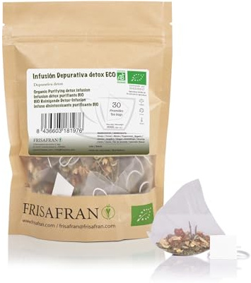 FRISAFRAN | Infusión depurativa Purificante Detox Ecológica en pirámides 30Ud | 60g | Digestiva | Anti-inflamacion | té drenante con efecto diuretico | Propiedades Detox | Antioxidante Natural | Té