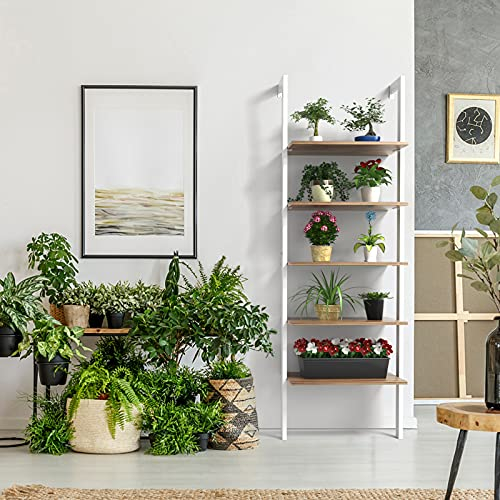 GIANTEX Leiterregal mit 5 Ebenen, Standregal Bücherregal aus Metall Holz, Vintage Industrial, Wandlehnregal für Wohnzimmer, Schlafzimmer, Balkon, Büro (weiß)