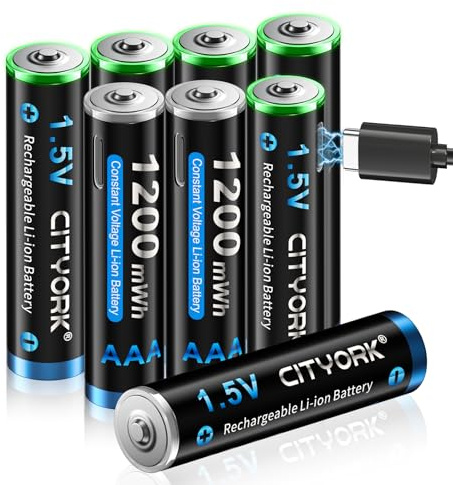 CITYORK Type-C USB 1.5V 8 Pack AAA 1200mWh Lithium Rechargeable Battery, 1.5V Constant Output, 2H Fast Charging Triple A Batteries, LED Charging Indicator (Include 2 * 4 in 1 USB Cable)