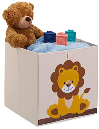 Relaxdays Aufbewahrungsbox Kinder, Löwe, HxBxT: 33 x 33 x 33 cm, Stoffbox, faltbar, Spielkiste Kinderzimmer, beige/gelb