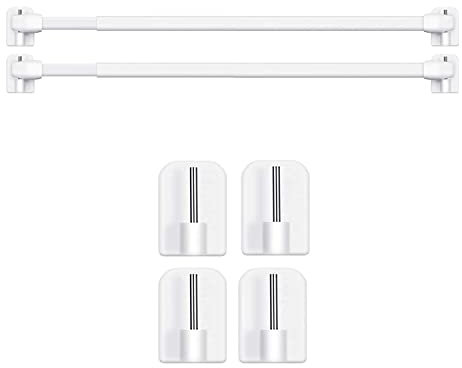 BANJILI - 2 Pack Extendable Net Curtain Rods (60-105cm) with 4 Sticky Hooks - No Drill Tension Rod for Windows, Bathroom, Rental Homes Strong Adhesive, White Lightweight Poles