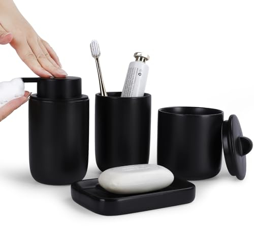 Umlaca Badezimmersets Keramik 4-teiliges mit Seifenspender, Mundbecher, Wattestäbchenglas und Seifenschale, Geeignet für Bad, Bathroom, Duschen (Schaumseifenspender, Schwarz)