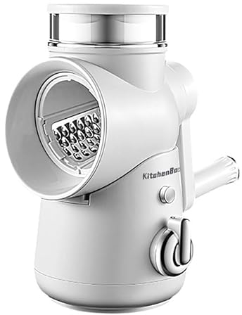 KitchenBoss Grattugia Formaggio Manuale,Affettatrice Professionale:Tagliaverdure 3 in 1,Con manovella e 3 lame sostituibili in acciaio inox,Adatto a molti Ortaggi e Frutta,Bianco