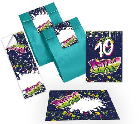 12 Einladungskarten zum 10. Kindergeburtstag Party Einladung Set Geburtstag Mädchen Kinder Jungen Boys Geschenktüte inkl. 12 Umschläge, 12 Tüten, 12 Aufkleber Graffiti Jugendstill modern bunt neon