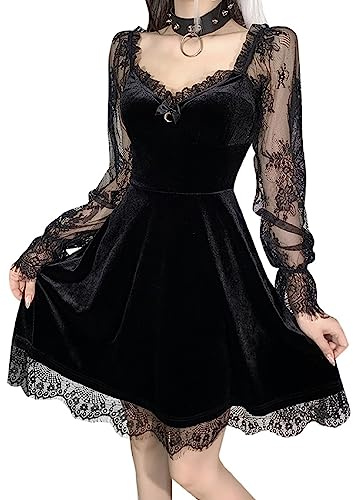 YINGWIN Vestido gótico sexy para mujer, disfraz de Halloween, manga larga, cuello en V, vestido de terciopelo, elegante, vestido de graduación, vestido de cóctel, Negro , M