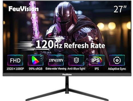 FeuVision 27inch Computer Monitor, FHD 1080p, 120Hz Office and Gaming Monitor, 4ms Response Time, 3-Sided Frameless, Ultra Slim, VESA Mountable, Anti-Blue Light Design, HDMI＆VGA Port (60Hz for PS5)