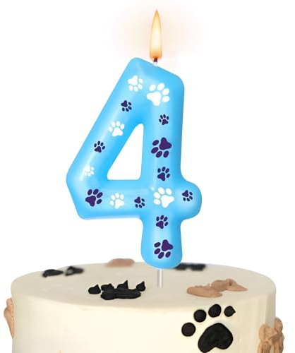 Candela Numero 4 per Compleanno con Zampa di Cane Blu, Decorazioni per Torte, Ideale per Feste a Tema Cane, Perfetta per Compleanni di Bambini e Feste per Animali Domestici