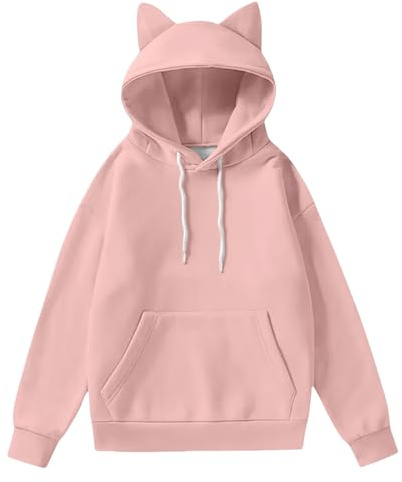 Huvtröja dam Kawaii, huvtröja dam gröna kläder Y2K huvtröja överdimensionerad passform långärmad tröja katt öron huva enfärgad arbetströja tonåring tröjor med huva tyg fleecetröja