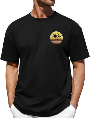 Lonya Tee Shirt Homme Oversized Été, Graphic T-Shirts à Manches Courtes 100% Coton Imprimé Palmier Vagues Coucher de Soleil Col Rond Basique Casual Plage Vacances Tops