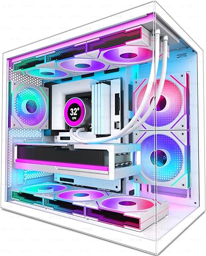 HYXN H3(2026) Case PC ATX – Preinstallato con 6 ventole ARGB PWM a specchio infinito,Compatta ATX Dual Camera Mid Tower Gaming PC Case, con Type-C 3.2 (Bianco)