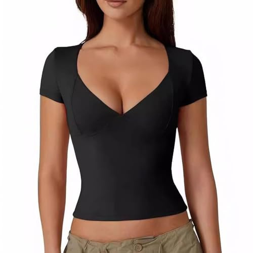 QKEPCY T Shirt Donna Maglietta Maniche Corte Camicia Elegante Scollo a V Top Aderente Maglia Casual Abbigliamento Primavera Estate Tshirt Sportiva Morbida