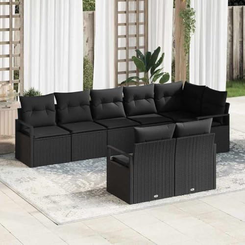kithwjll Juego de sofás de jardín de 8 piezas de ratán negro de polirratán, grupo modular con banco de esquina y asientos centrales, muebles de salón para exteriores, para terraza, balcón, para