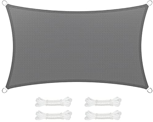 SONGMICS Sonnensegel 3 x 5 m, Sonnenschutz aus HDPE-Gewebe, luftdurchlässig, wasserdurchlässig, für Terrasse, Garten, Balkon, Camping, rechteckig, konkav, 2 m Seile, rauchgrau GSS35GY
