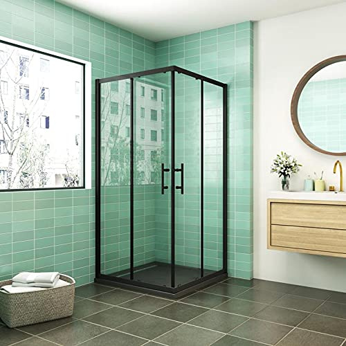 AICA SANITARIOS CABINA DE DUCHA DE ESQUINA CORREDERA ANTICAL 6MM NEGRO MATE ALTURA 190 CM, ENTRADA ESQUINA