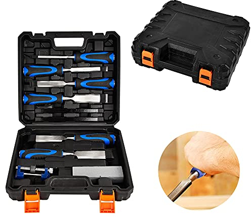 Wood Chisels Set, Bevel Edge Wood Carving Chise with Honing Guide, Sharpening Stone and Storage Case, Soft Grip Woodworking Tools, Chisel(6/13/20/25/32/38mm), Blue