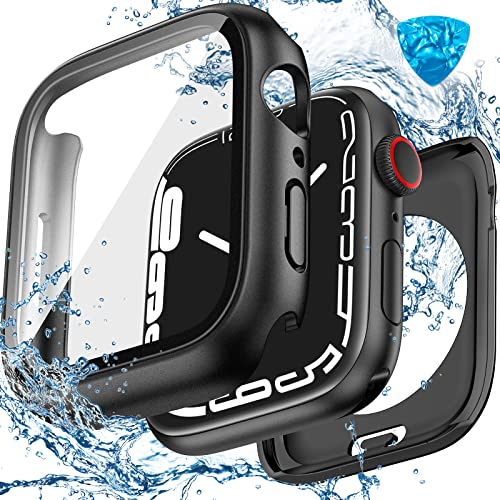 HWeggo [2 in 1 Waterproof Case for Apple Watch Series 9/8/7 Screen Protector 45mm,360 Protective PC Cover with Tempered Glass,Front & Back Bumper for iWatch 9/8/7 Dustproof Anti-Scratches(Black)