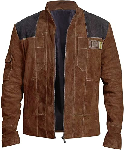 LP-FACON Chaqueta de piel de ante marrón para hombre, disfraz de Halloween, disfraz de película espacial solitaria, Marrón claro con cremallera, M