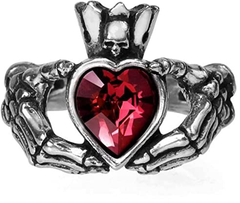 Ro Rox Alchemy England Claddagh By Night Ring Irish Blood Red Heart Skull Crown Gotico, Argento, Q