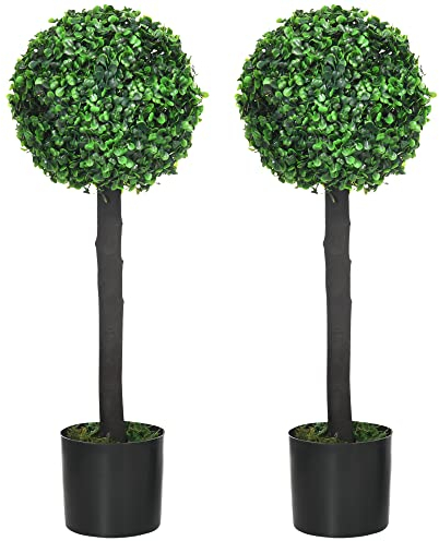 HOMCOM Set of 2 Decorative Artificial Plants Boxwood Ball Trees in Pot Fake Plants for Home Indoor Outdoor Decor, 60cm