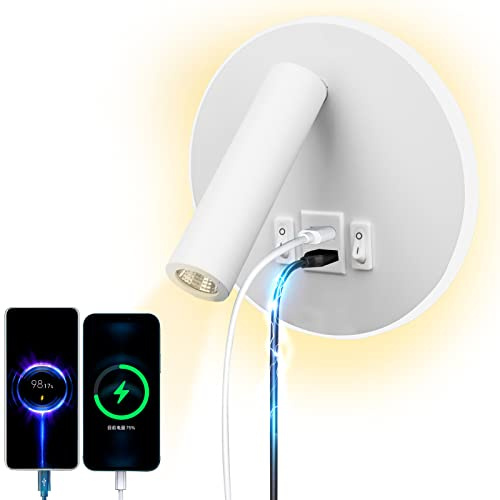 uksunvi LED Lampada da Lettura USB Tipo-C Due Interruttore di Bocca di Carica Regolabile 12W LED Spotlight 3000K Lampada Da Parete In Alluminio Lampada Da Letto Rotabile (Tondo bianco)