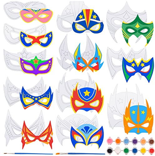 28 Masques à Colorier pour Enfant, Masque Visage Enfant, DIY Artisanat d'anniversaire pour Garçon, Masque d'activités Manuelles de Cosplay Carnaval, Peintures Pinceaux