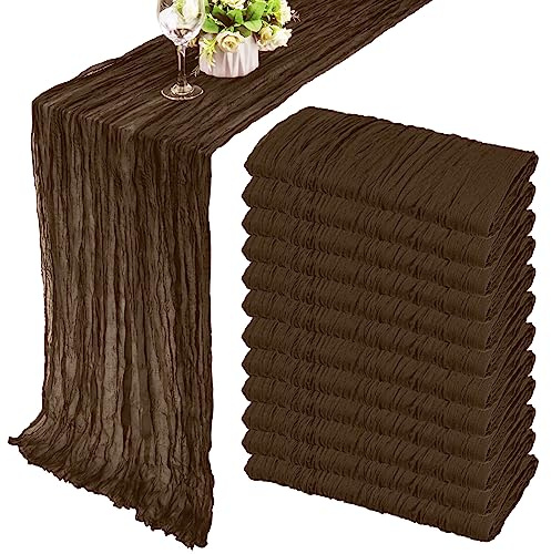 12 Pack 10Ft Cheesecloth Table Runner 35x120 Inch Boho Gauze Table Runner Rustic Cheese Cloth Long Romantic Table Runners for Wedding Bridal Shower Birthday Party Table Decor (Brown)