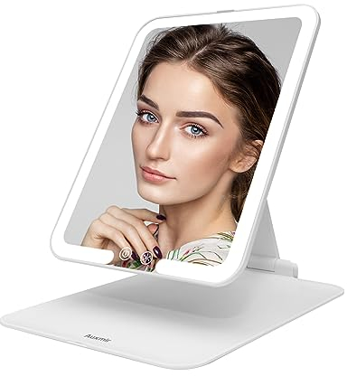 Auxmir Rechargeable Makeup Mirror, Portable LED Lighted Travel Mirror, Rotating Beauty Makeup Mirror with 3 Color Light, Dimmable Brightness, Foldable Tabletop Cosmetic Mirror for Home, Travel