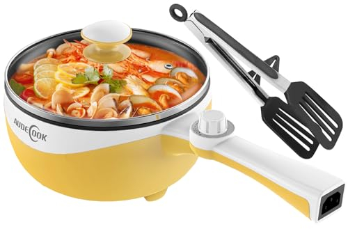 Audecook Olla Caliente Eléctrica, Mini Sartén Eléctrica de 1,7 L, Sartén Antiadherente, Olla Eléctrica Multicocina de Viaje para Ramen Rápida para Filete/Sopa/Huevo/Avena/Fideos (Amarillo)