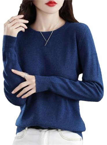 Herbst Winter 100% Merinowolle Pullover Damen Strick Kaschmir Pullover Basic V-Ausschnitt Chic Warme Oberteile, Seegras blau, M