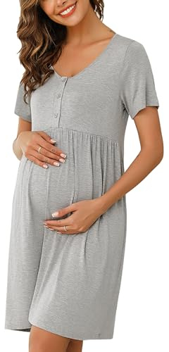 Bresdk Camicia da Notte per Allattamento Donna con Bottoni Estiva Manica Corta Parto Ospedale Morbidi Eleganti Abiti Premaman, Grigio, XL