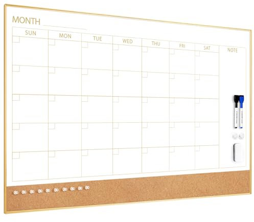 ARCOBIS Tableau blanc effaçable à sec - Tableau blanc en liège - 91,4 x 61 cm - Tableau blanc magnétique effaçable à sec pour mur, cadre doré, tableau combiné mensuel pour bureau, maison, école