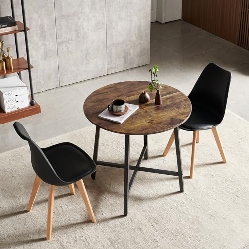 FURNITABLE Esszimmergruppe Esstisch mit 2 Stühlen Essgruppe, Runder Küchentisch mit 2er Set Esszimmerstühle Sitzgruppe für Wohnzimmer, Küche (Vintagebraun-tintenschwarz Tisch + 2 Schwarz Stühle)
